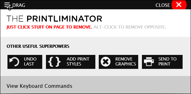 Printliminator tool for web page printing