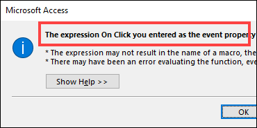Access Expression On Click Error