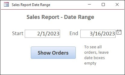 Sales Report – Date Range form opens automatically
