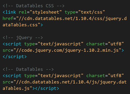 DataTables Javascript in page header