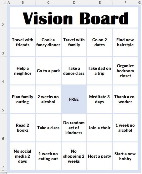 vision board bingo card in Excel vision board bingo card in Excel