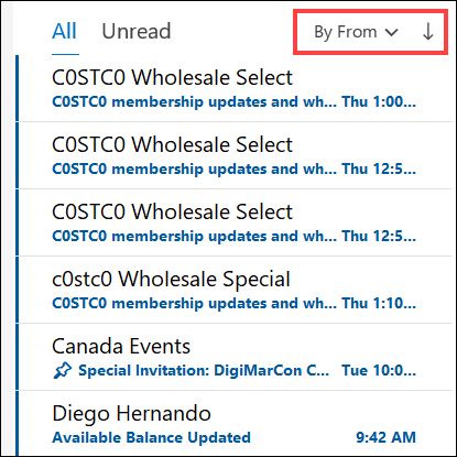 Junk Folder Items Sorted By From