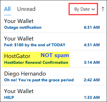 Outlook folders messages sorted by date