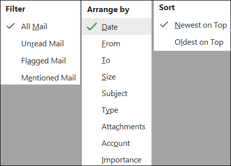 Outlook folder options  Filter, Arrange By, Sort By