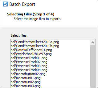 Batch Export dialog box with list of selected files